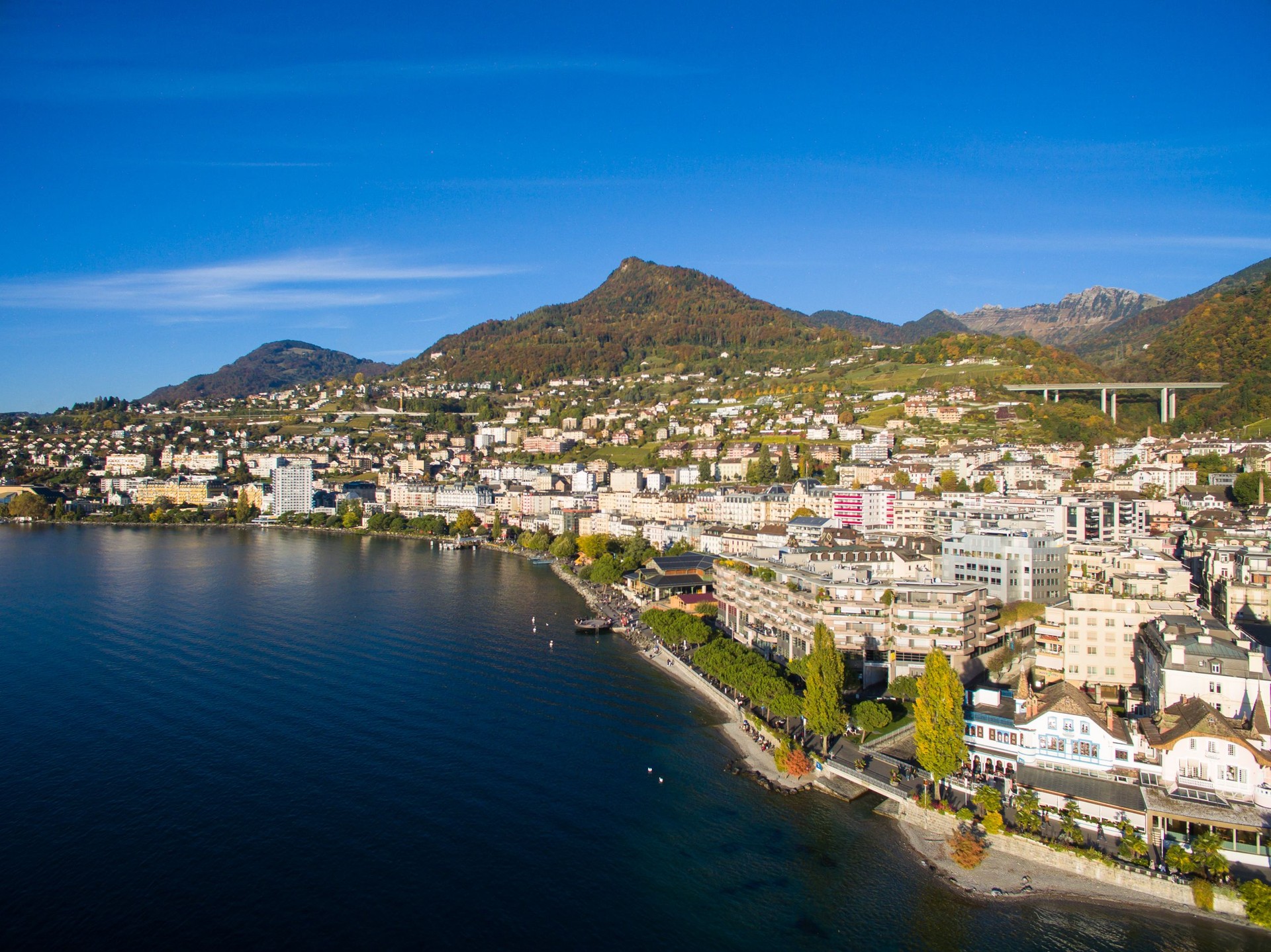 Aerial view of Montreux waterfront, Switzerland Aerial view of Montreux waterfront, Switzerland
